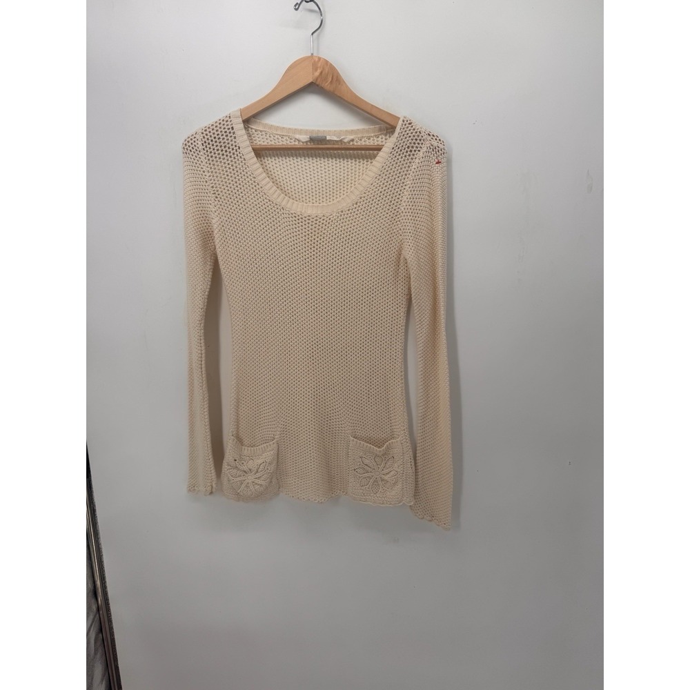 Athleta Cream Crochet Knit Sweater M Boho Cottagecore Coastal Floral Pocket